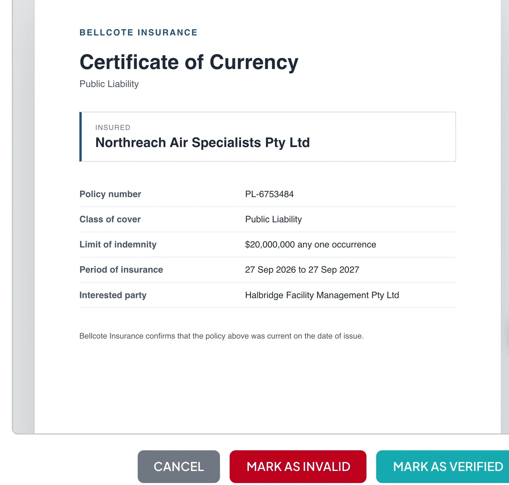 A renewed certificate of currency open beside the buttons to mark it verified or invalid
