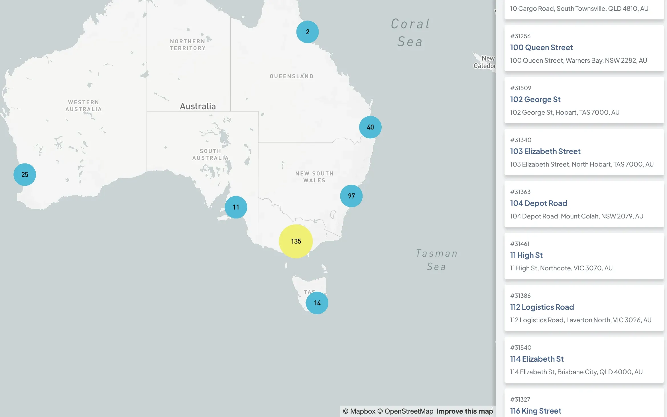 Managed properties clustered on a map of Australia beside a searchable list